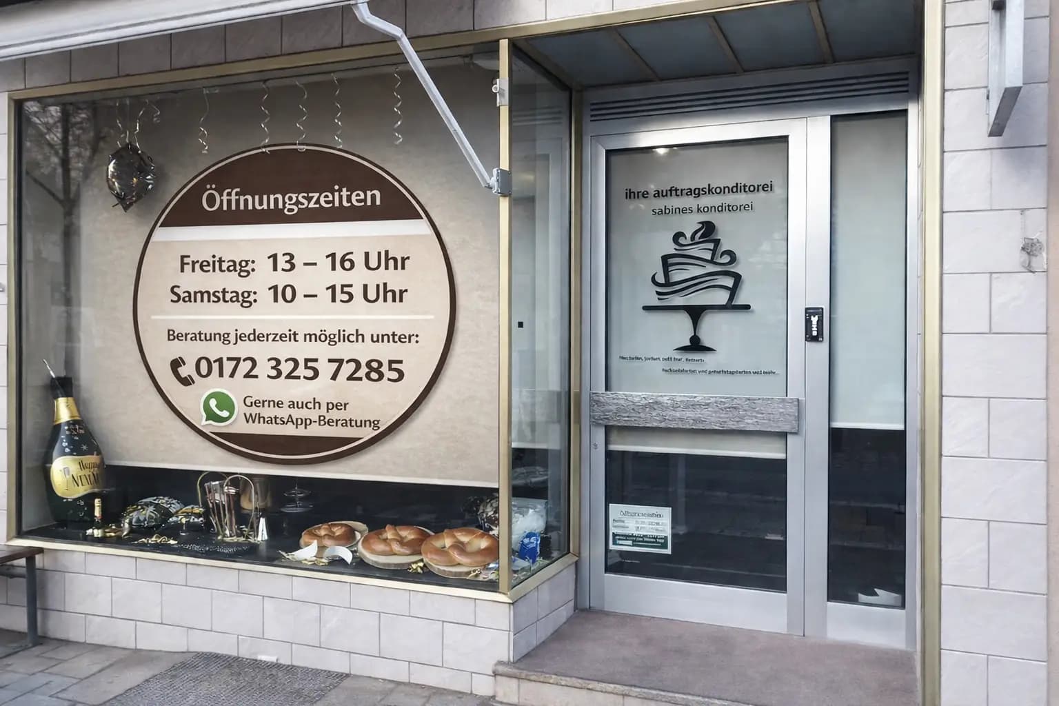 Schaufenster Sabines Konditorei mit Öffnungszeiten